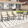 Stackable metal outdoor dining chair set with beige cushions, ideal for patio relaxation and alfresco dining.