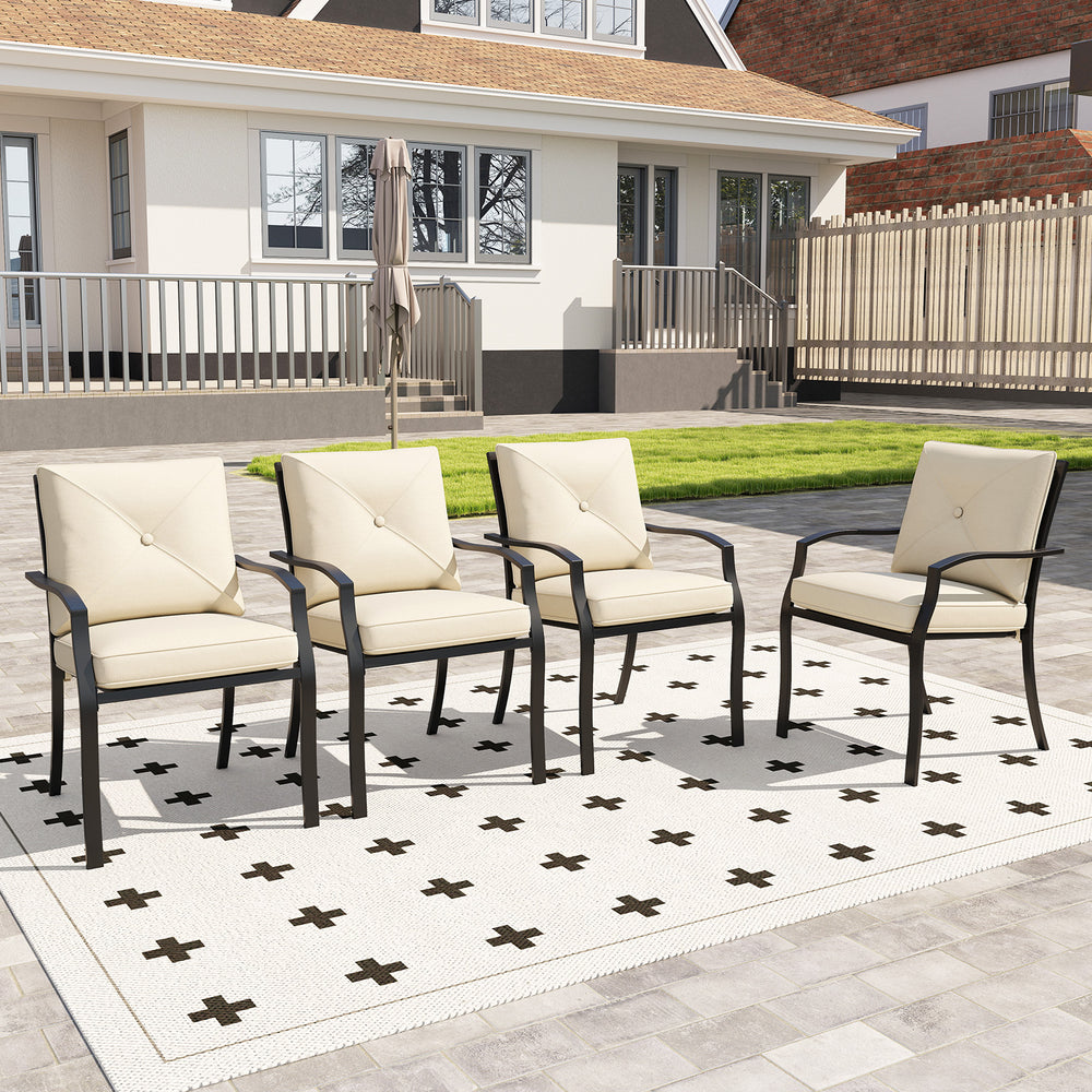 Stackable metal outdoor dining chair set with beige cushions, ideal for patio relaxation and alfresco dining.