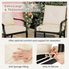 Stackable metal outdoor dining chairs with beige cushions, featuring ergonomic support and easy-to-secure fasteners.