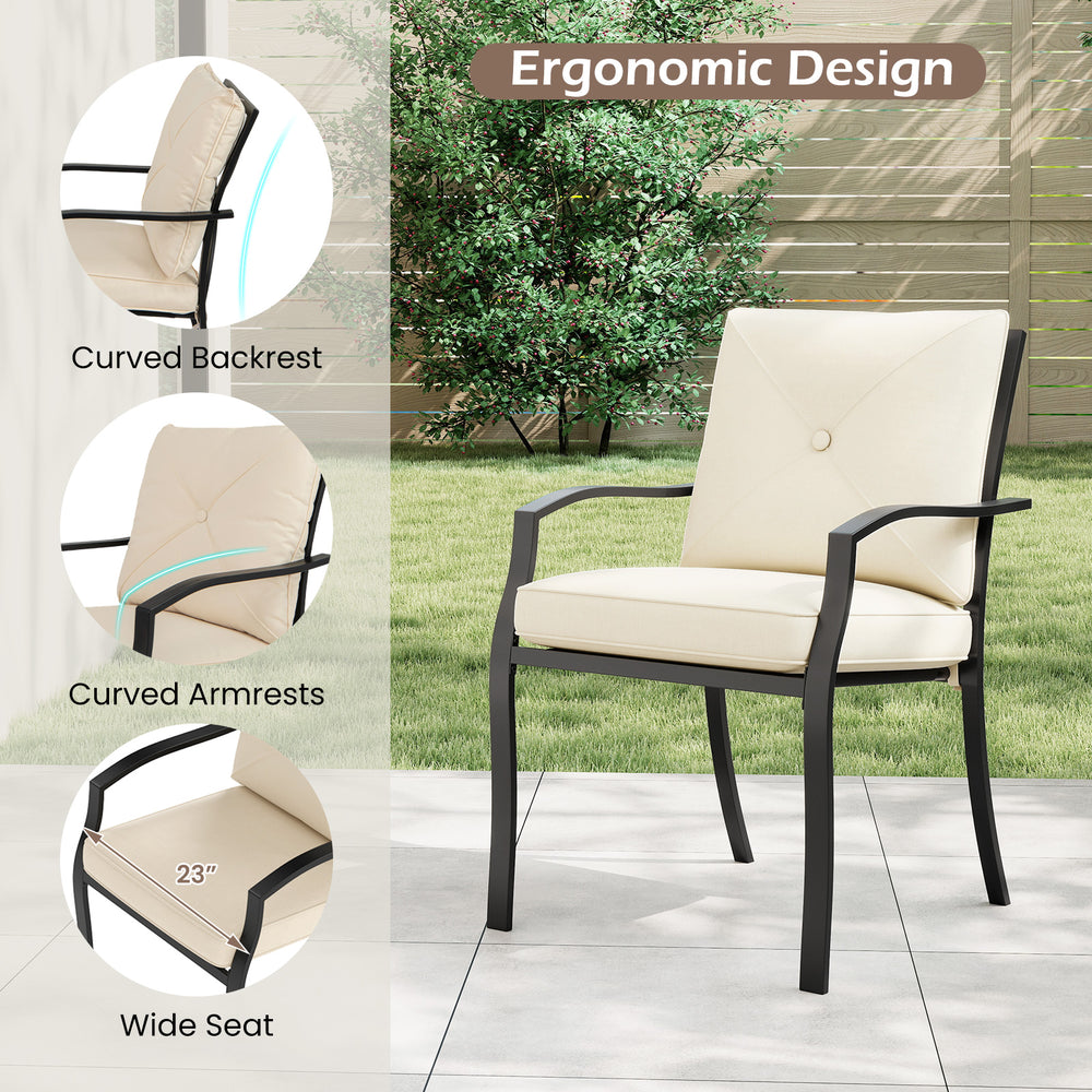 Stackable metal outdoor dining chair with beige cushions, ergonomic design, and curved armrests for patio relaxation.