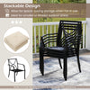Stackable metal outdoor dining chair set with beige cushions, designed for comfort and space-saving storage in small.