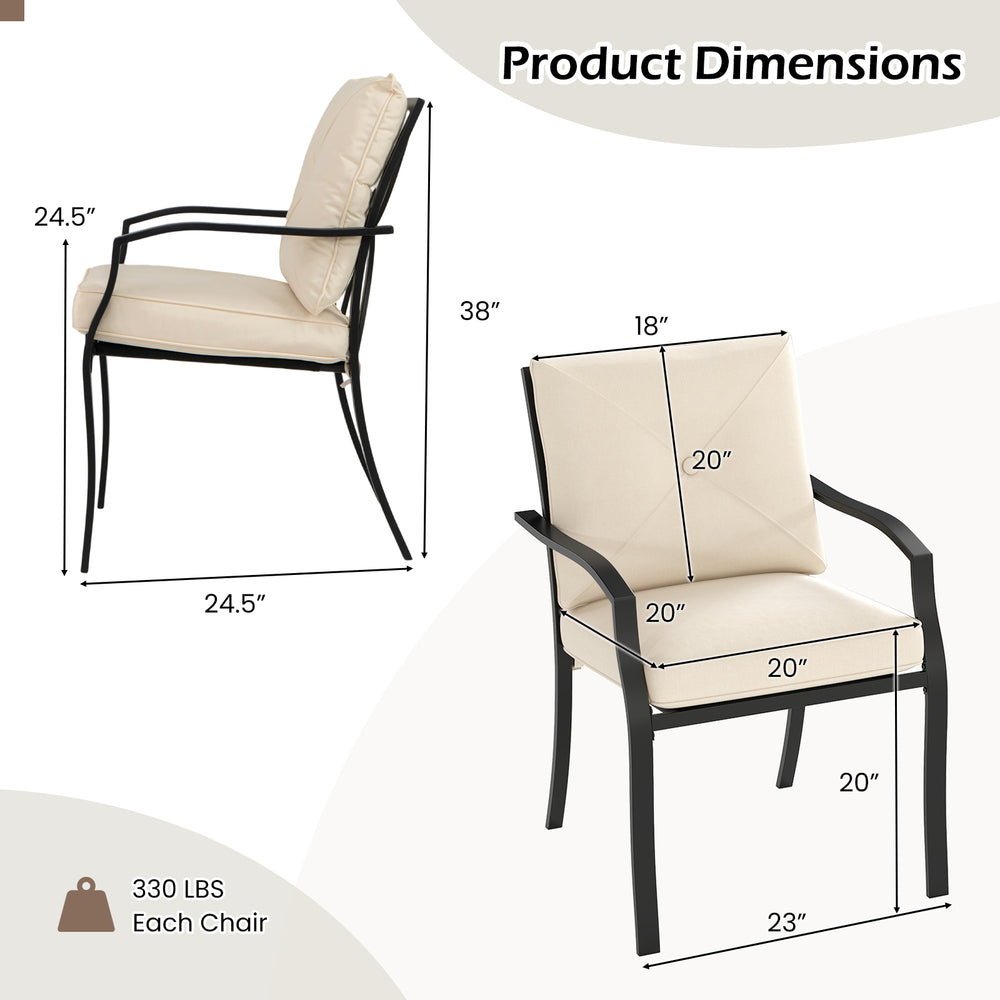 Metal outdoor dining chair set dimensions with beige cushions, featuring ergonomic design and stackable storage for.