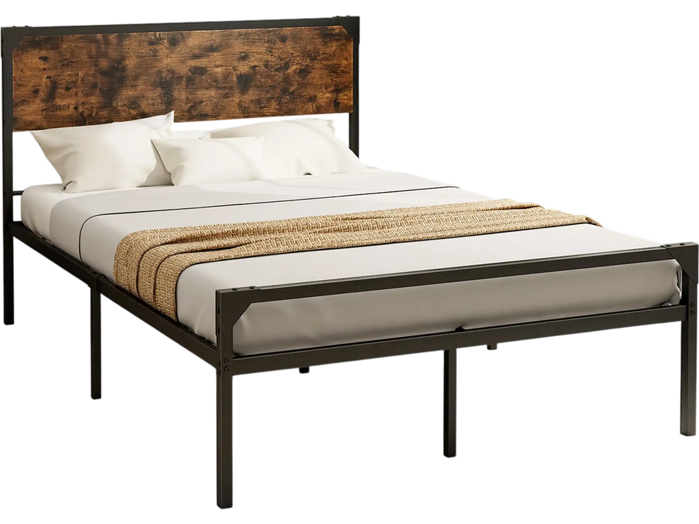 Full/Queen bed with rustic headboard and footboard, featuring a heavy-duty metal frame for sturdy support and ample.
