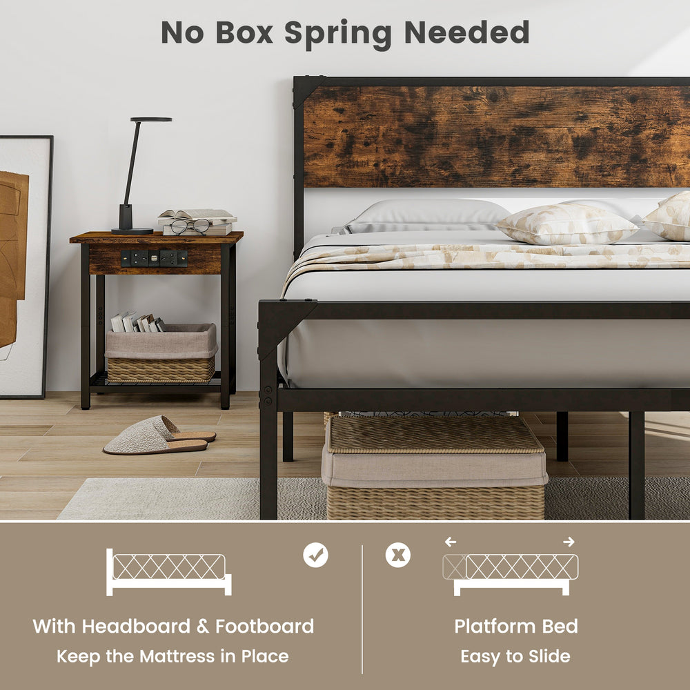 Platform full/queen bed with rustic headboard and footboard, featuring a heavy-duty metal frame and ample under-bed.