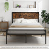 Platform full/queen bed with rustic headboard and footboard, featuring a heavy-duty metal frame for durability.