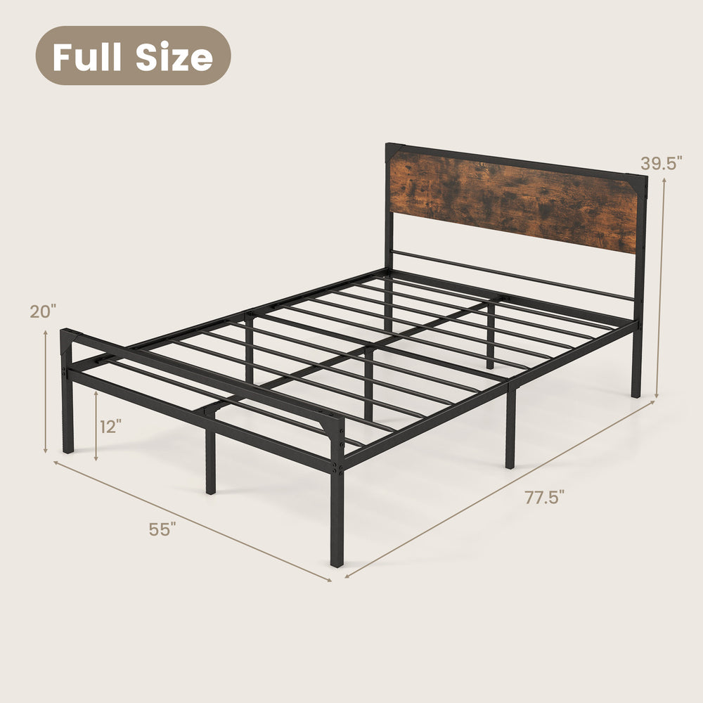 Full size platform bed with rustic headboard, heavy-duty metal frame, and slatted design for ample under-bed storage.