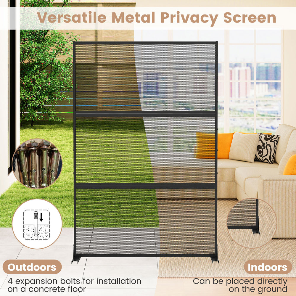 Metal privacy screen in black with mesh surface and H-shaped legs, ideal for outdoor or indoor use and plant.
