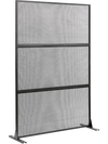 Metal privacy screen in black with mesh surface, H-shaped legs for stability, ideal for outdoor use and plant.