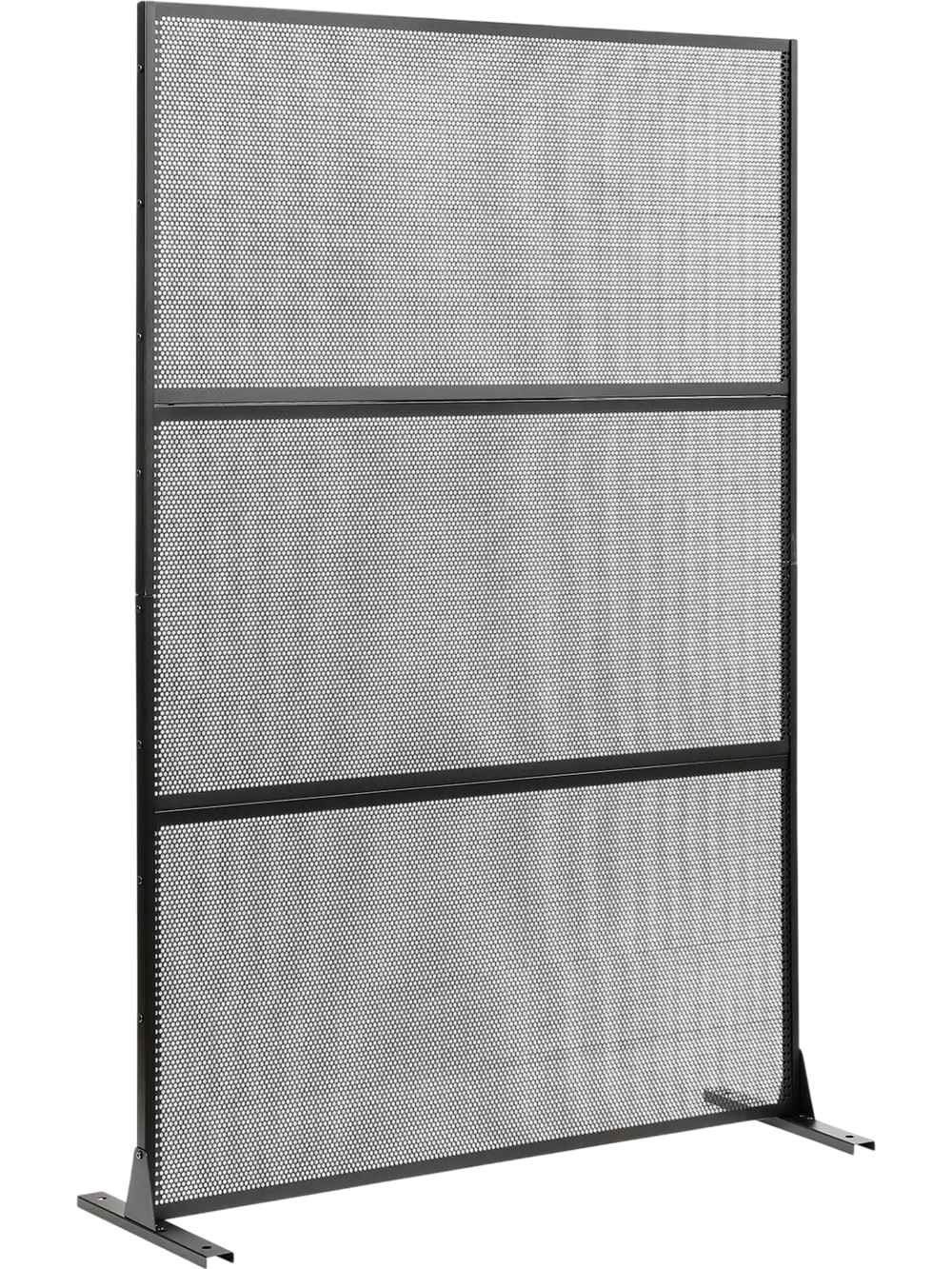 Metal privacy screen in black with mesh surface, H-shaped legs for stability, ideal for outdoor use and plant.