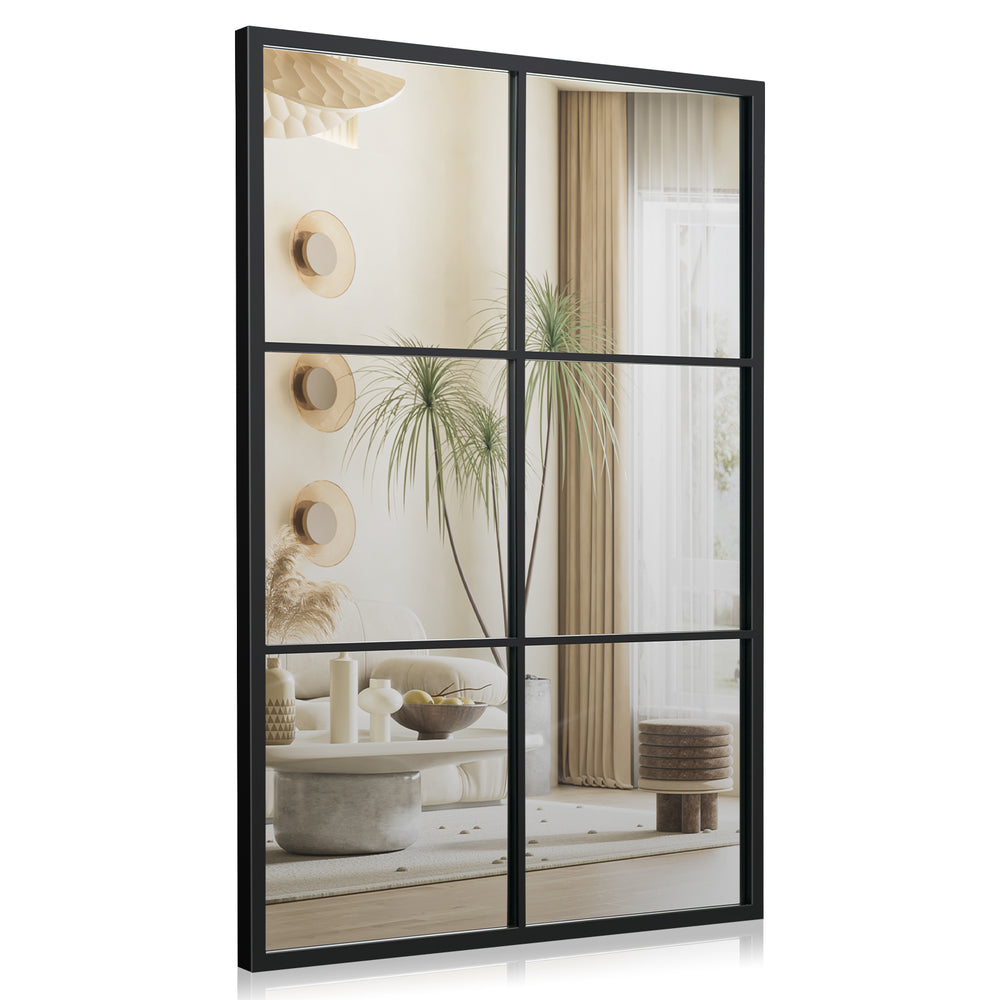 Rectangular 3-layered decorative wall mirror with a black metal frame, ideal for modern living room decor.