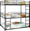 Metal triple bunk bed in black with safety guardrails, two ladders, and space-saving design for small rooms.