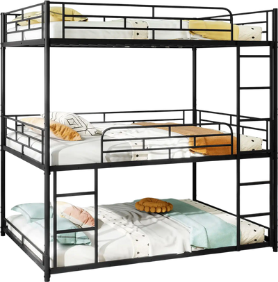 Costway Metal Triple Bunk Bed Safety Guardrails 2 Ladders Black 671259348 New
