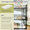 Metal triple bunk bed in black with full-length guardrails and two ladders, ideal for space-saving in smaller rooms.