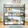 Black metal triple bunk bed featuring a heavy-duty construction, designed for safe sleeping and easy access with two.