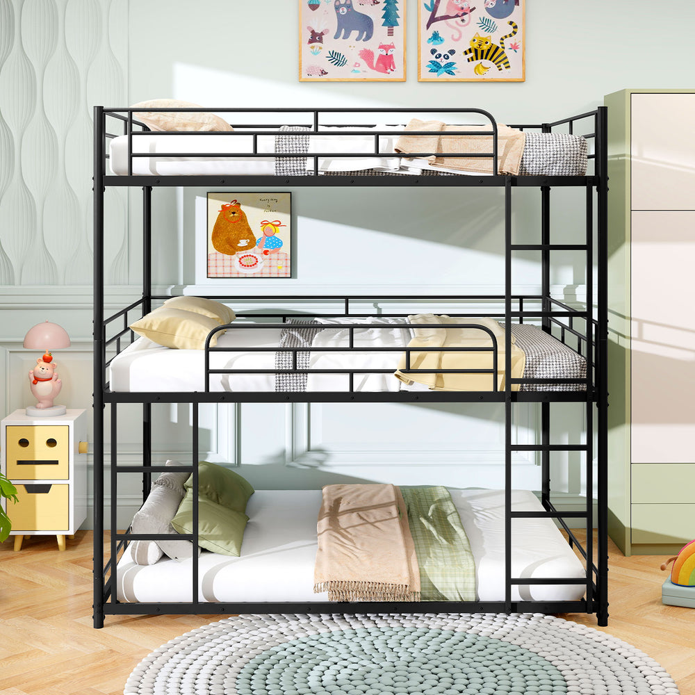 Black metal triple bunk bed featuring a heavy-duty construction, designed for safe sleeping and easy access with two.