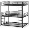 Metal triple bunk bed in black with safety guardrails and two ladders, ideal for space-saving in smaller rooms.