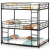 Black metal triple bunk bed showcasing the heavy-duty design and integrated ladders for safe access to all three levels.