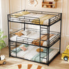 Metal triple bunk bed in black with guardrails and two ladders, ideal for space-saving in smaller rooms.