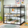 Black metal triple bunk bed showcasing the sturdy frame and low bunk design for easy access and added safety in small.