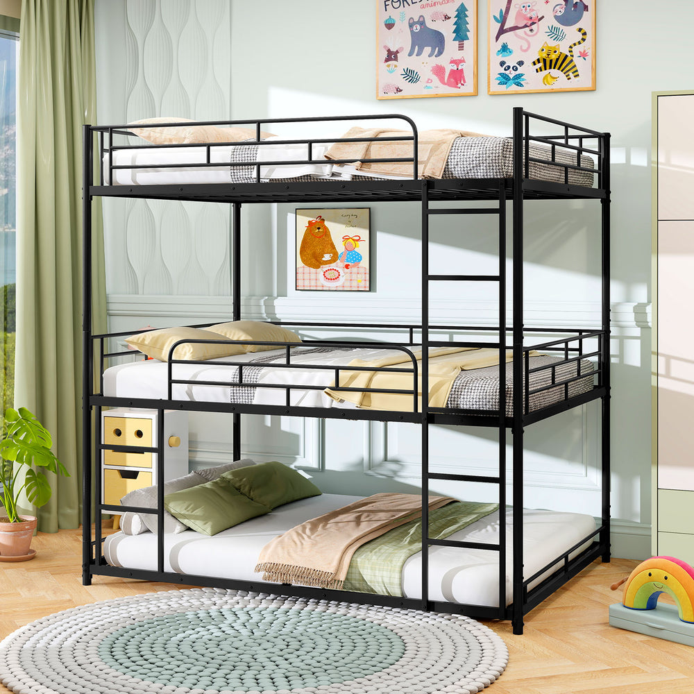 Black metal triple bunk bed showcasing the sturdy frame and low bunk design for easy access and added safety in small.