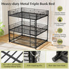 Metal triple bunk bed in black with safety guardrails, two ladders, and space-saving vertical design for small rooms.