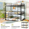 Metal triple bunk bed in black with safety guardrails and two ladders, perfect for space-saving in smaller rooms.