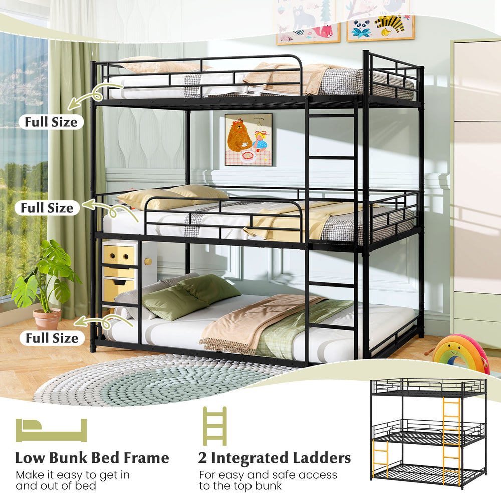 Metal triple bunk bed in black with safety guardrails and two ladders, perfect for space-saving in smaller rooms.