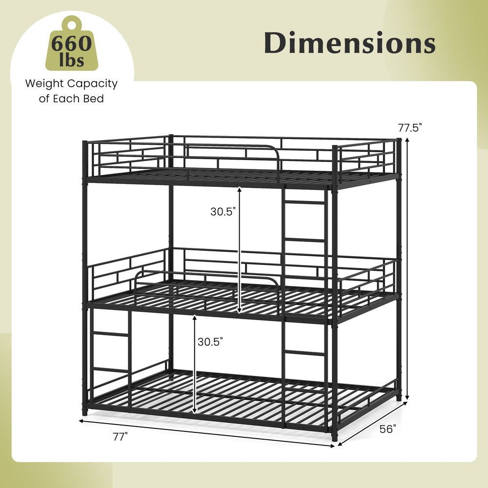 Metal triple bunk bed in black with dimensions, featuring safety guardrails and two ladders for secure access.