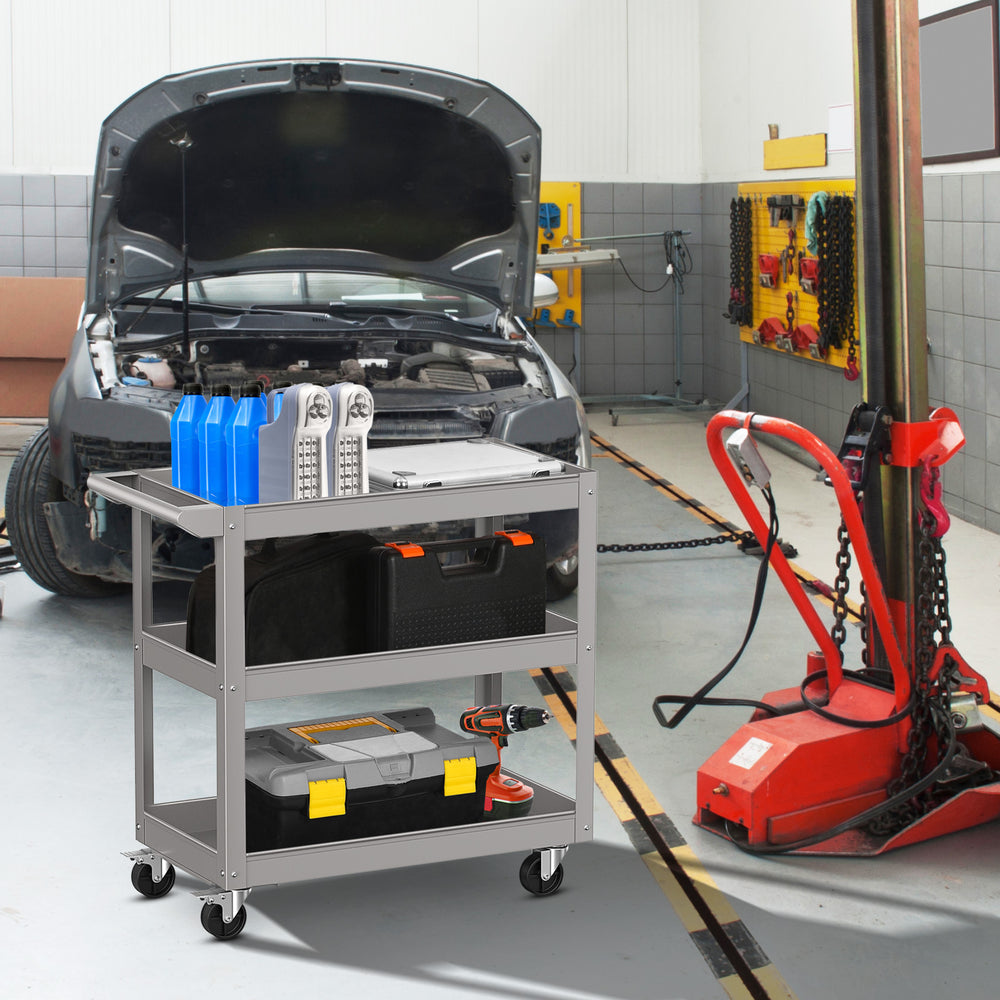 3-Tier Metal Utility Cart Trolley Tool with Flat Handle and 2 Lockable Universal Wheels-Gray - Gallery View 1 of 7