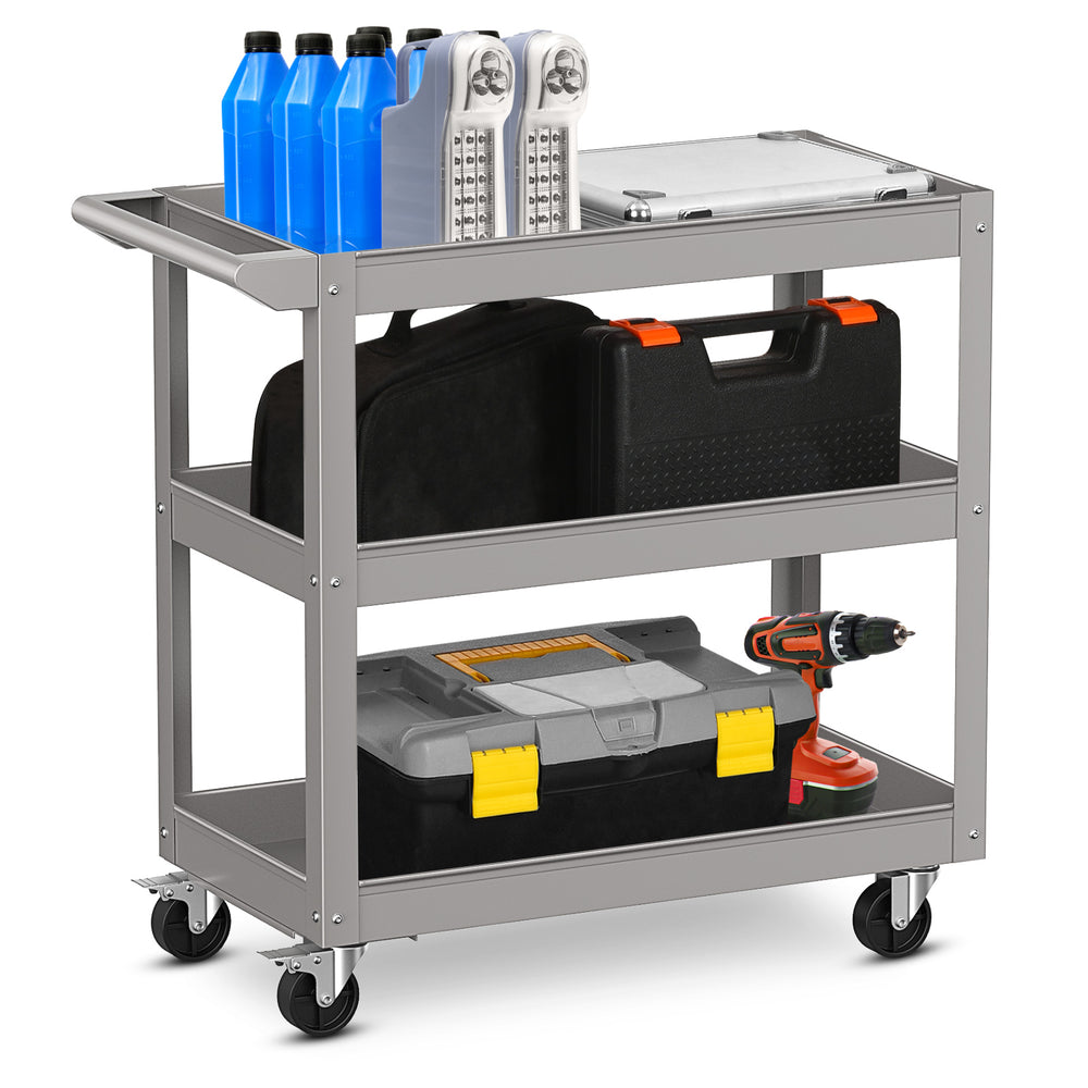 3-tier gray metal utility cart with flat handle, lockable wheels, and ample storage for tools and supplies.