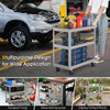 3-tier metal utility cart in gray with flat handle and lockable wheels, ideal for transporting tools and supplies.