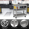 Gray 3-tier metal utility cart with flat handle, lockable wheels, and ample storage for tools and supplies.