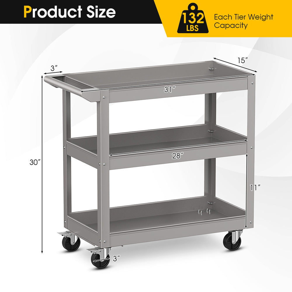 3-tier gray metal utility cart with flat handle, 110 lbs capacity per shelf, ideal for garages, kitchens, and workshops.