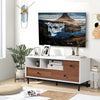Mid-century TV stand in white and walnut finish with 2 cubbies and 3 drawers, ideal for 50-inch TVs and media storage.