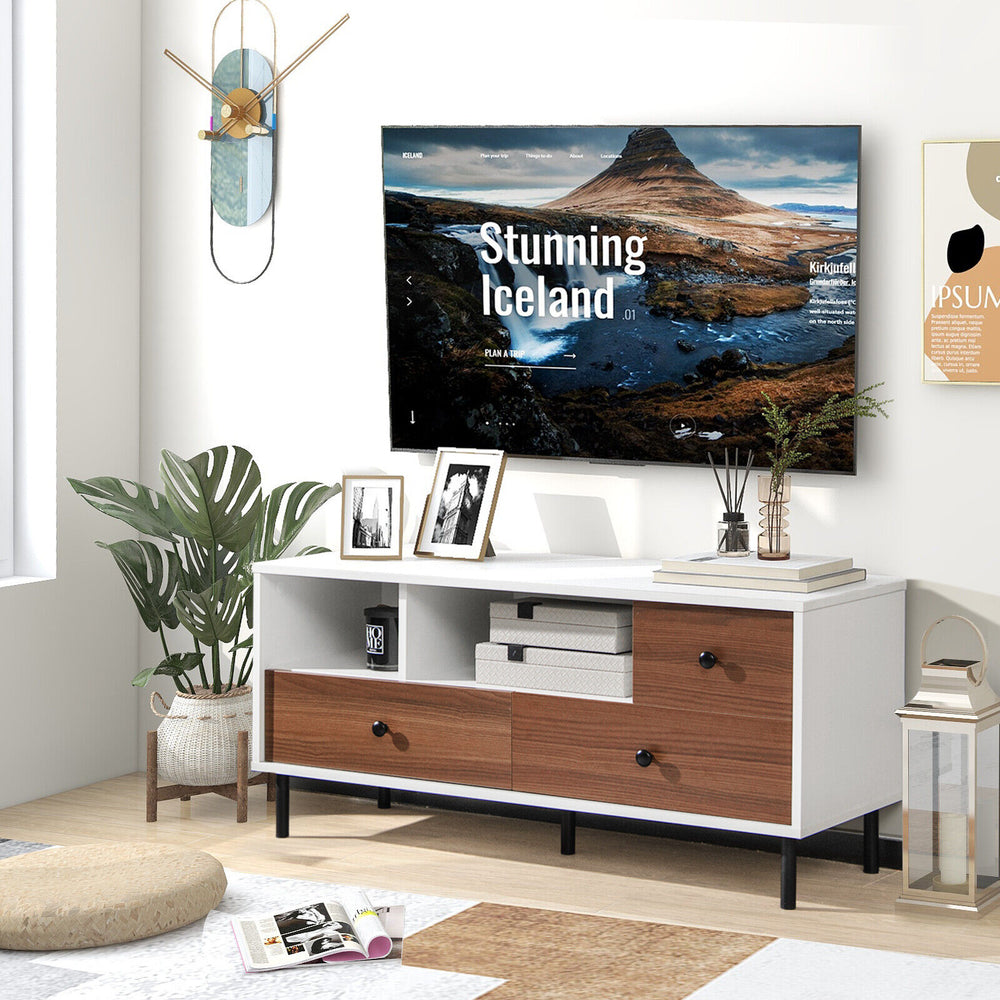 Mid-century TV stand in white and walnut finish with 2 cubbies and 3 drawers, ideal for 50-inch TVs and media storage.