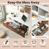 Mid-Century TV stand with white and walnut finish, featuring 2 cubbies and 3 pull-out drawers for media storage.