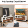 Mid-century TV stand with wide tabletop, 2 cubbies, and 3 drawers in white and walnut finish for media storage.