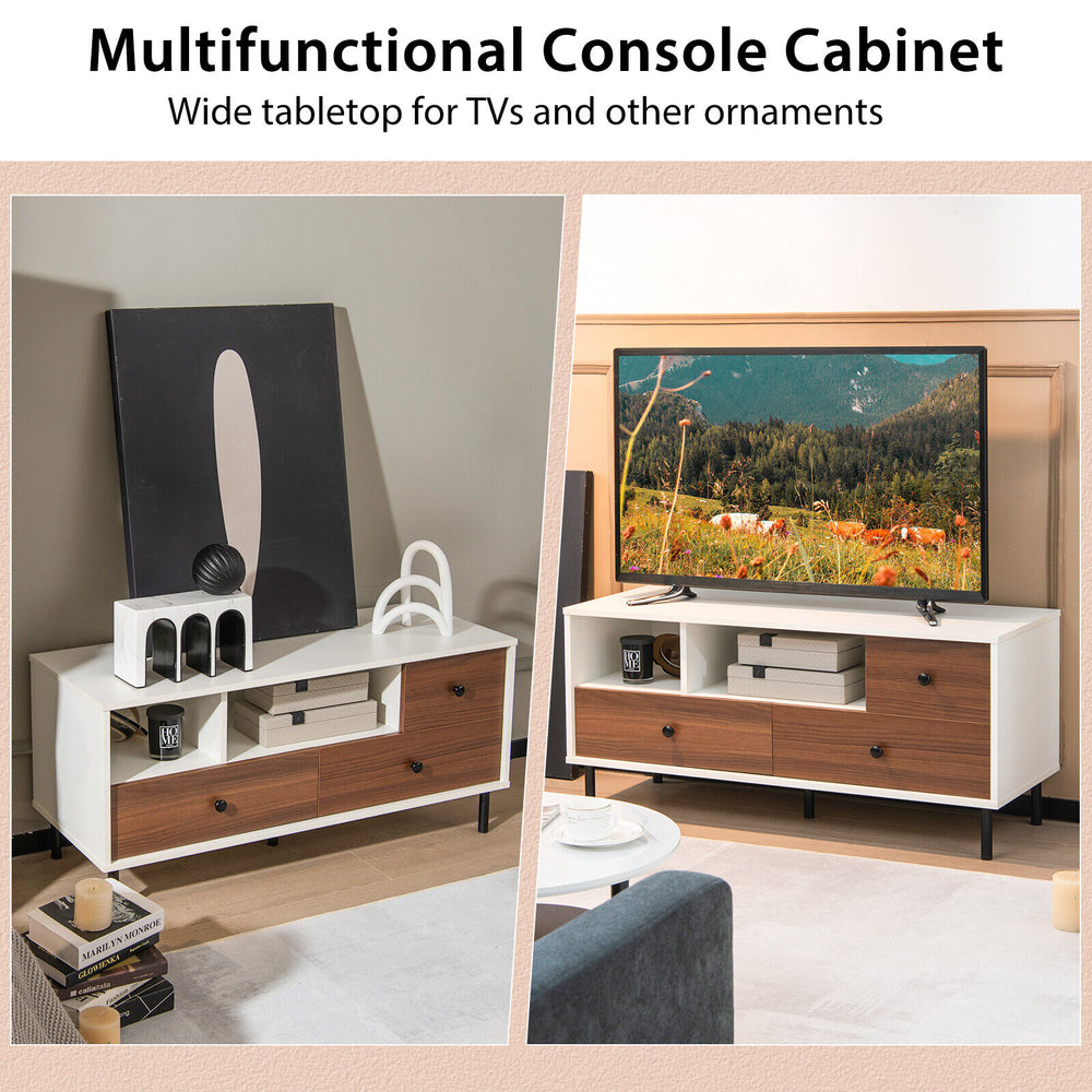 Mid-century TV stand with wide tabletop, 2 cubbies, and 3 drawers in white and walnut finish for media storage.