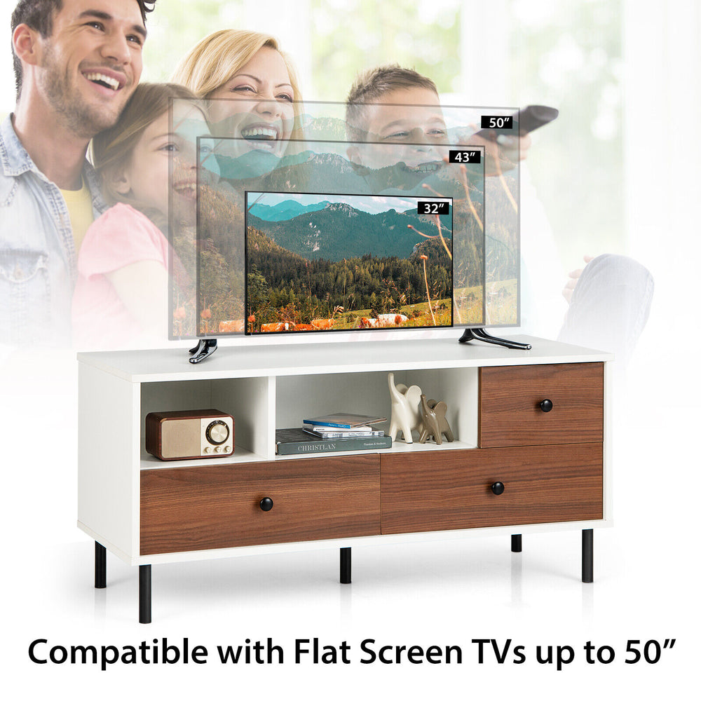 Mid-century TV stand with white and walnut finish, accommodating up to 50-inch TVs, featuring 2 cubbies and 3 drawers.