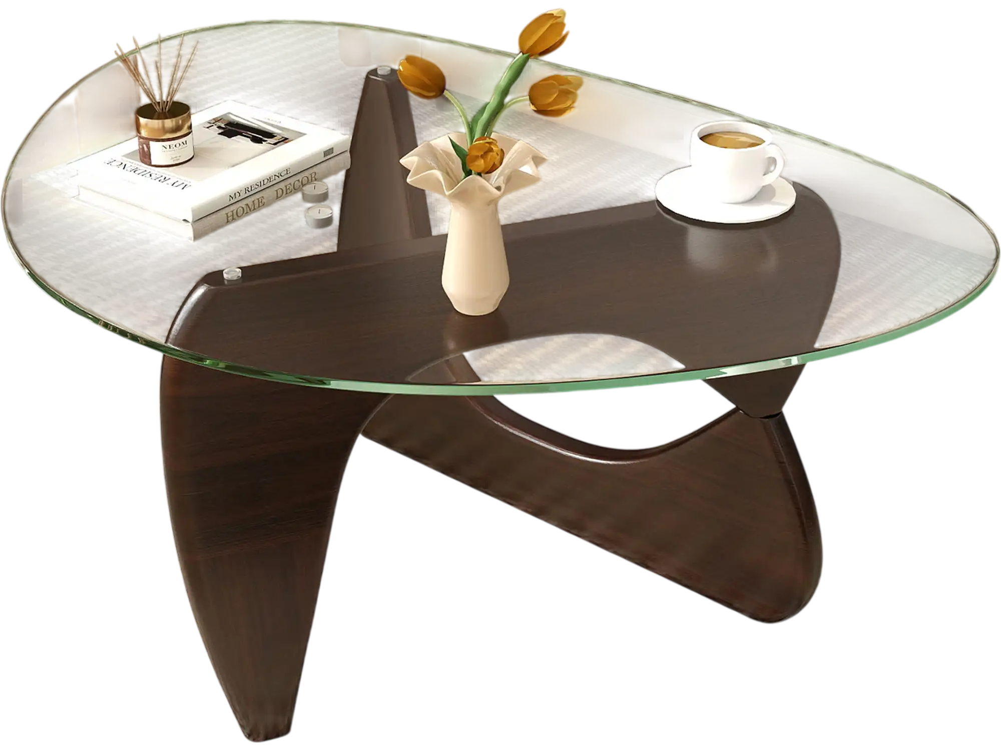 Costway Triangle Coffee Table Tempered Glass Top Walnut 98614527 New