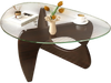 Triangle coffee table with tempered glass top and walnut rubber wood base, ideal for living room decor and.