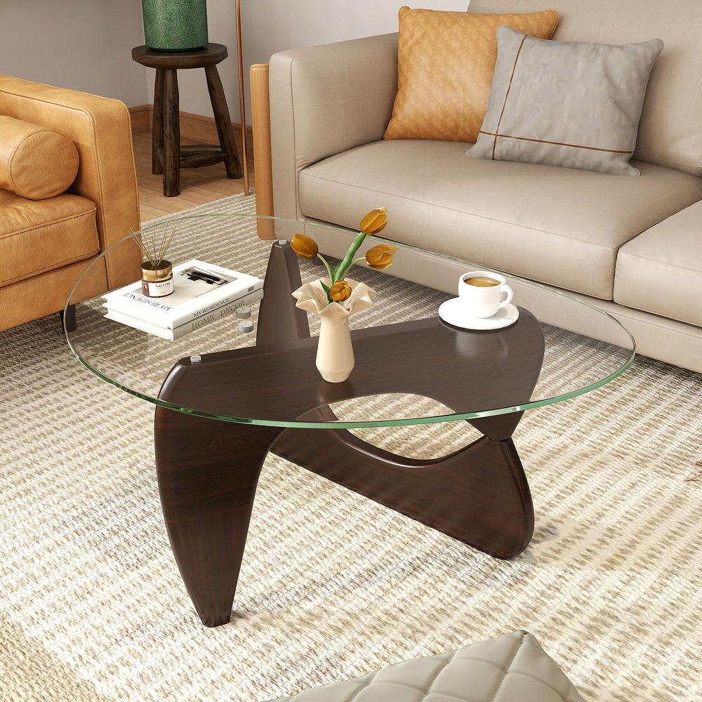 Triangle Coffee Table with Tempered Glass Top and Adjustable Rubber Wood Base-Walnut - Gallery View 1 of 10