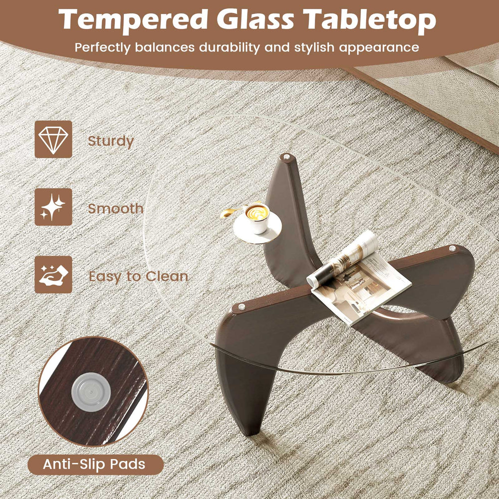 Triangle coffee table with tempered glass top and walnut rubber wood base, featuring anti-slip pads for stability.