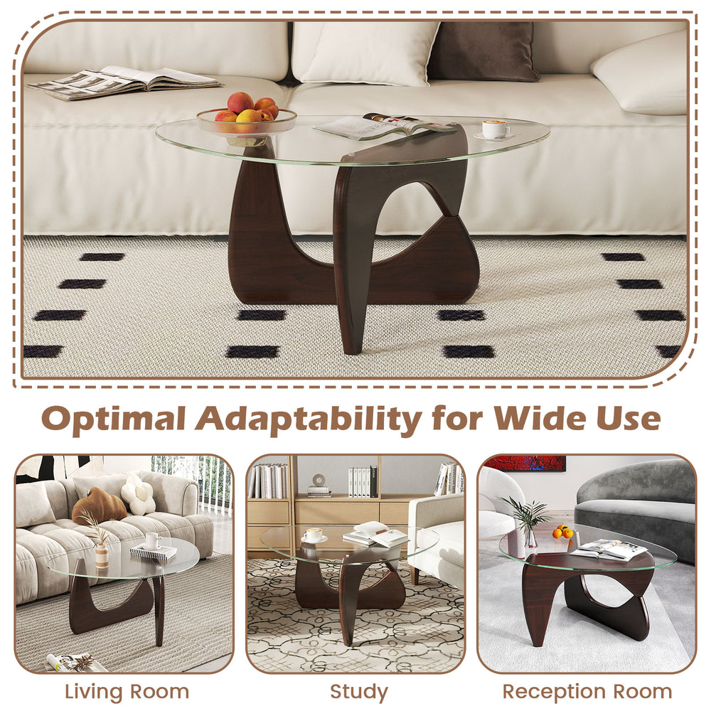Triangle coffee table with tempered glass top and adjustable walnut rubber wood base, ideal for living room or study.