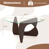Triangle coffee table dimensions, showcasing tempered glass top and walnut rubber wood base, measuring 32.5" x 22.5".