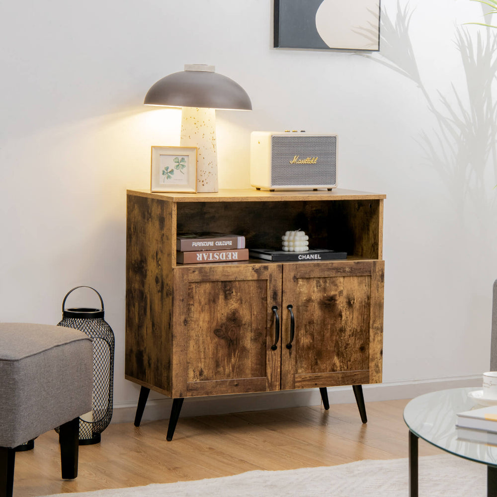 Mid-century wooden storage cabinet in rustic brown with open shelf and wine glass holders, ideal for living room or.