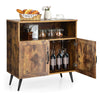 Mid-century wooden storage cabinet in rustic brown with wine glass holders and enclosed storage, ideal for various home.