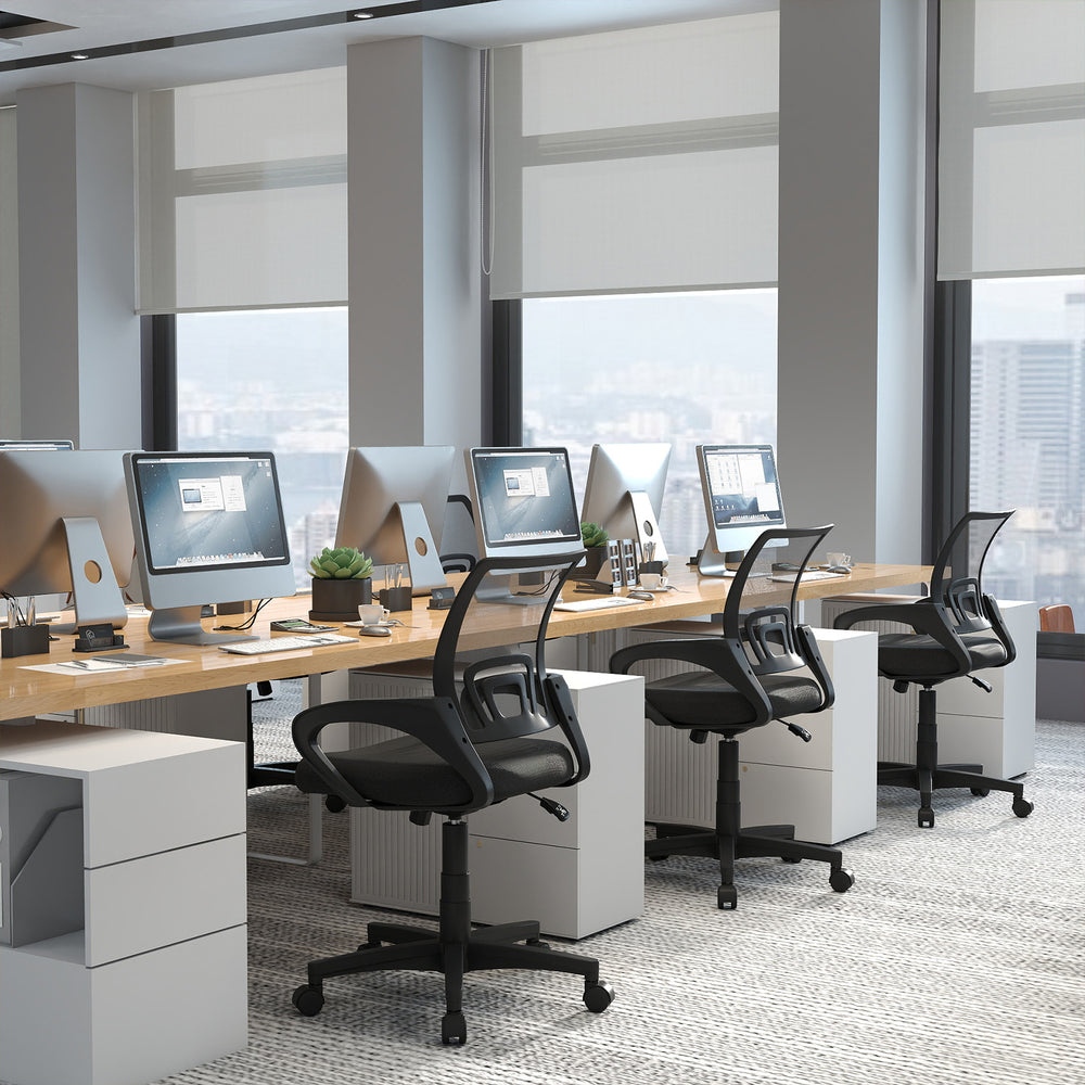 Mid-back mesh office chair in black with lumbar support, ergonomic design, perfect for office or home use.