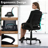 Mid-back mesh office chair with lumbar support, contoured backrest, and curved armrests for ergonomic comfort in black.