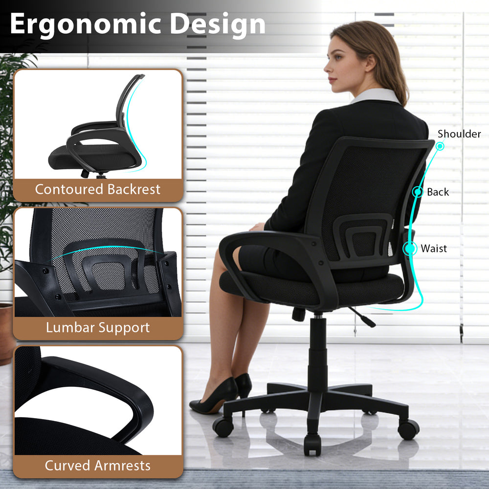 Mid-back mesh office chair with lumbar support, contoured backrest, and curved armrests for ergonomic comfort in black.